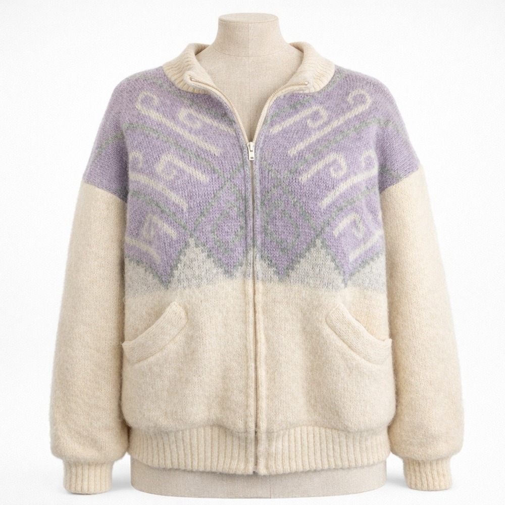 Vintage 70s Icelandic Fair Isle Wool Bomber Jacket Cream Purple Sz‎ L Nordic Zip